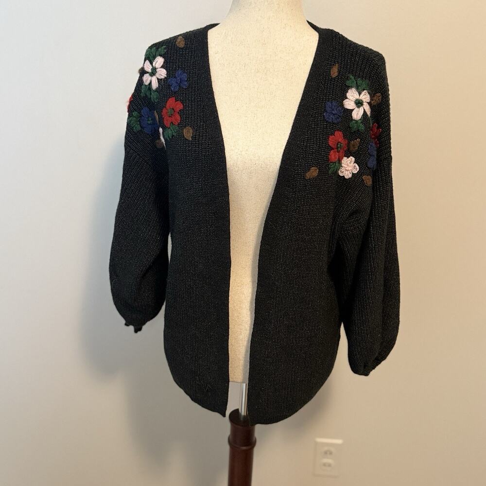 Knit Cardigan - Balloon Sleeves - Floral Embroidery - Size MED - Alya Brand -